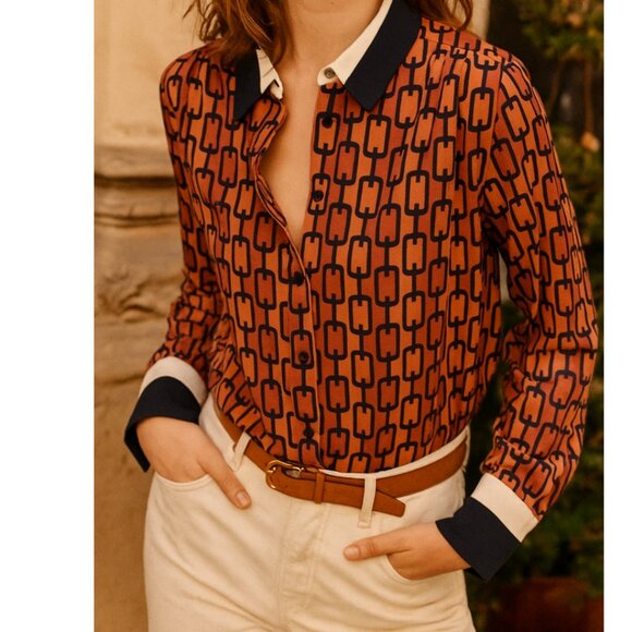 Express Orange Geometric Print Long-Sleeve Button-Front Top Women’s Size M - Picture 1 of 6